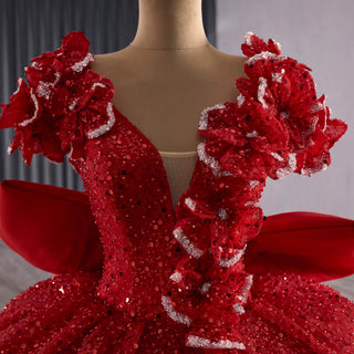 Red Fairytale Princess Sparkly Quinceanera Dress with Long Bowknot