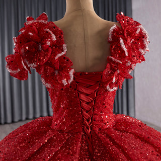 Red Fairytale Princess Sparkly Quinceanera Dress with Long Bowknot