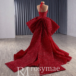 Red Sparkly Mermaid Pageant Gown with Detachable Overskirt & Halter Keyhole Neckline
