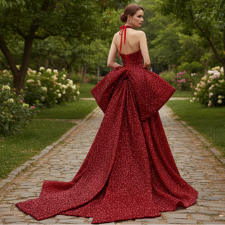 Red Sparkly Mermaid Pageant Gown with Detachable Overskirt & Halter Keyhole Neckline