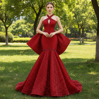 Red Sparkly Mermaid Pageant Gown with Detachable Overskirt & Halter Keyhole Neckline