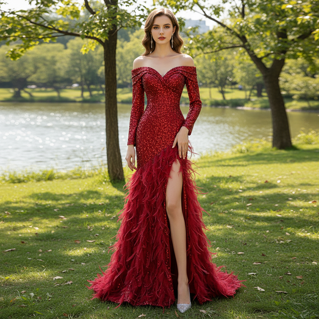 Burgundy Mermaid Sequins Long Sleeve Prom Dress with Feather Rosymae Burgundy Mermaid Sequins Long Sleeve Prom Dress with Feather Rosymae