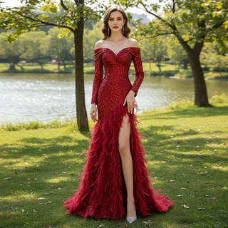 Burgundy Mermaid Sequins Long Sleeve Prom Dress with Feather