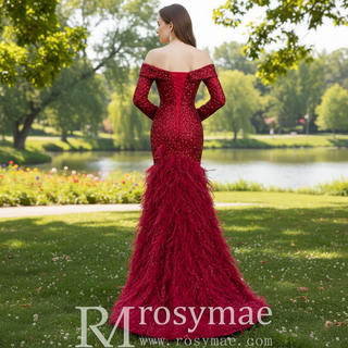 Burgundy Mermaid Sequins Long Sleeve Prom Dress with Feather