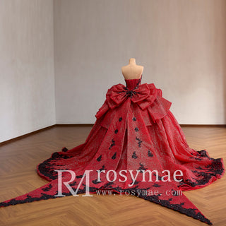Red & Black Lace Corset Ball Gown Quinceanera Dress with Dramatic Back Bow