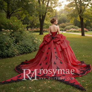 Red & Black Lace Corset Ball Gown Quinceanera Dress with Dramatic Back Bow