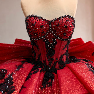 Red & Black Lace Corset Ball Gown Quinceanera Dress with Dramatic Back Bow