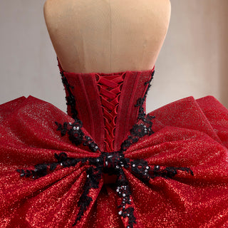 Red & Black Lace Corset Ball Gown Quinceanera Dress with Dramatic Back Bow