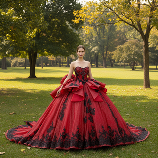Red & Black Lace Corset Ball Gown Quinceanera Dress with Dramatic Back Bow