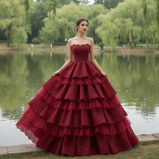 Strapless Multi Tiered & Ruffled Prom Dresses with Floral Lace