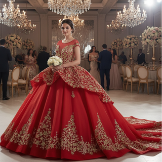 Gold Star Ruffle Wedding Dress with Cap Sleeve Quinceanera Gown