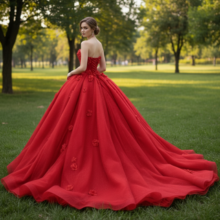 Luxury Red Wedding Gown 3D Flower Quince Dress with Detachable Sleeve