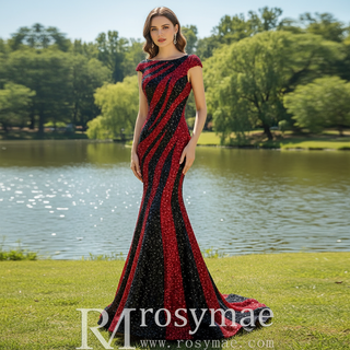 Mermaid Sequins Cap Sleeve Prom Dress Sparkly Evening Gown