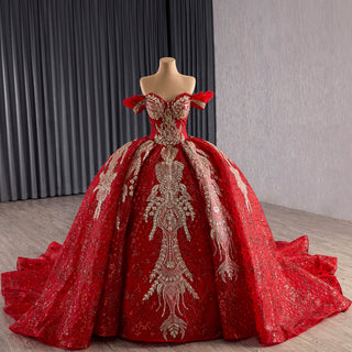 Ornate Red Gold Ball Gown with Gold Embroidery & Sequins Quinceanera Dress