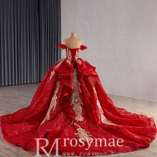 Ornate Red Gold Ball Gown with Gold Embroidery & Sequins Quinceanera Dress