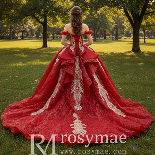 Ornate Red Gold Ball Gown with Gold Embroidery & Sequins Quinceanera Dress