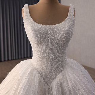 Vintage High-End Handmade Pearl Wedding Dress with U-Neck and Chapel Train
