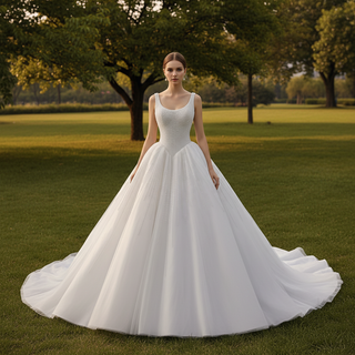 Vintage High-End Handmade Pearl Wedding Dress with U-Neck and Chapel Train