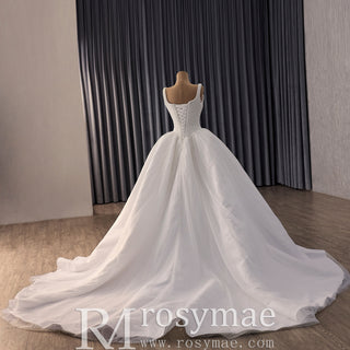 Vintage High-End Handmade Pearl Wedding Dress with U-Neck and Chapel Train