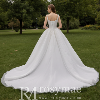 Vintage High-End Handmade Pearl Wedding Dress with U-Neck and Chapel Train