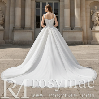 Vintage High-End Handmade Pearl Wedding Dress with U-Neck and Chapel Train