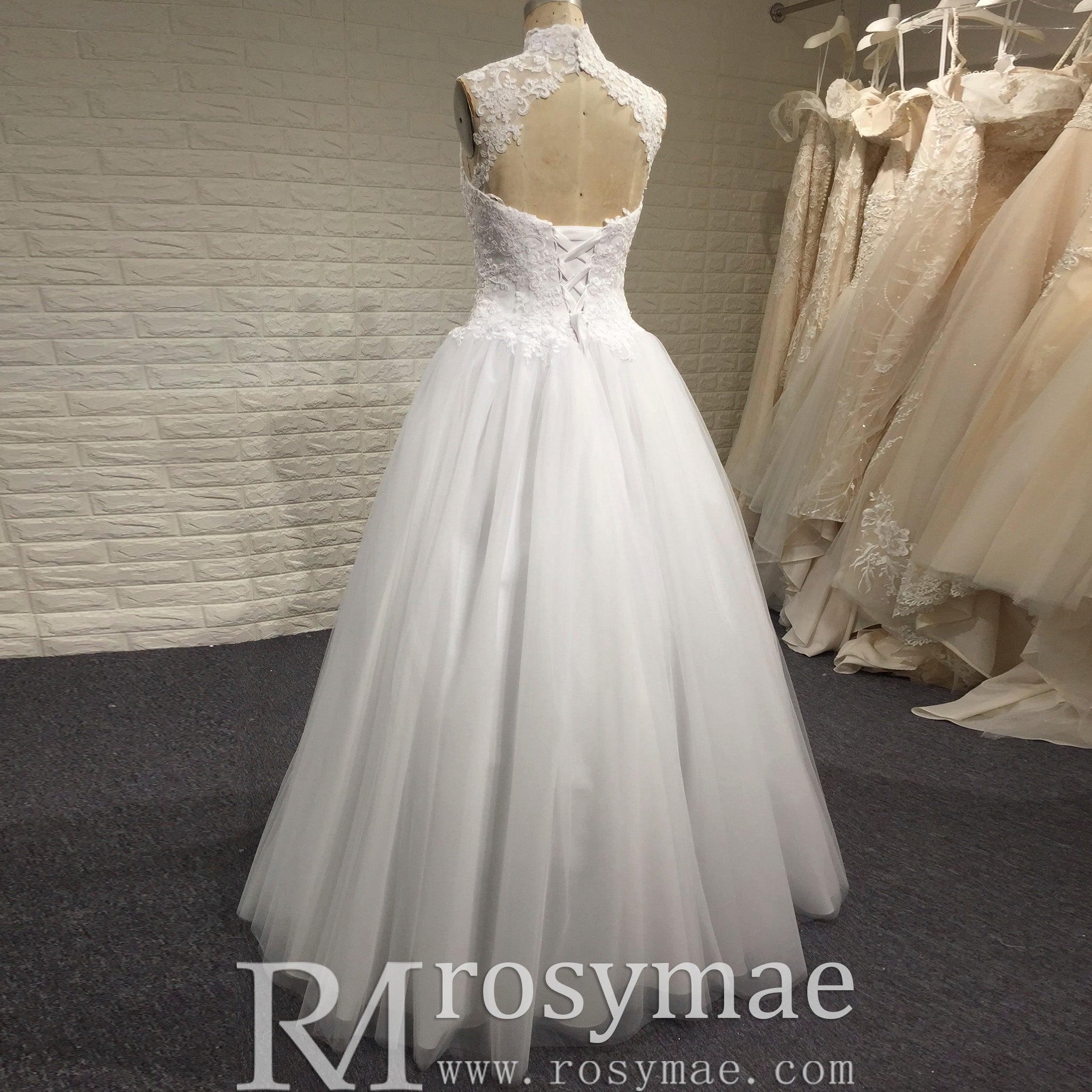Elegant High Neck A-Line Vintage Wedding Dress with Keyhole Back Champagne / 16 Elegant High Neck A-Line Vintage Wedding Dress with Keyhole Back Champagne / 16