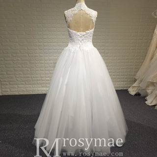 Elegant High Neck A-Line Vintage Wedding Dress with Keyhole Back