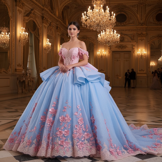 Ruffle Off the Shoulder Big Skirt 15 16 Quinceanera Dresses with Bowknot