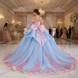 Ruffle Off the Shoulder Big Skirt 15 16 Quinceanera Dresses with Bowknot