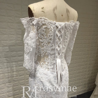 Off-the-Shoulder Trumpet Wedding Dress with Three-Quarter Sleeves