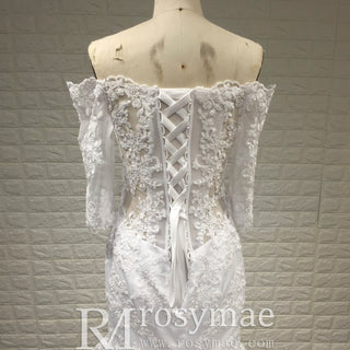 Off-the-Shoulder Trumpet Wedding Dress with Three-Quarter Sleeves