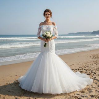 Off-the-Shoulder Trumpet Wedding Dress with Three-Quarter Sleeves