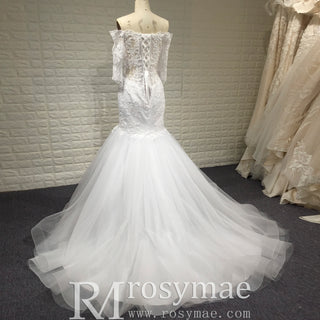 Off-the-Shoulder Trumpet Wedding Dress with Three-Quarter Sleeves