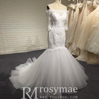 Off-the-Shoulder Trumpet Wedding Dress with Three-Quarter Sleeves