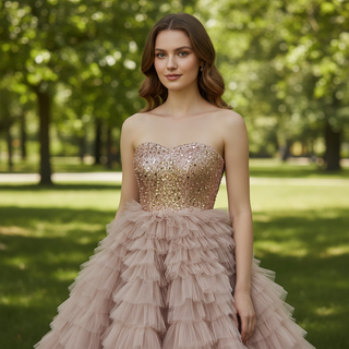 Multi-Layered Ruffled Tulle Princess Formal Dress with Shimmering Beaded Bodice