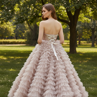 Multi-Layered Ruffled Tulle Princess Formal Dress with Shimmering Beaded Bodice
