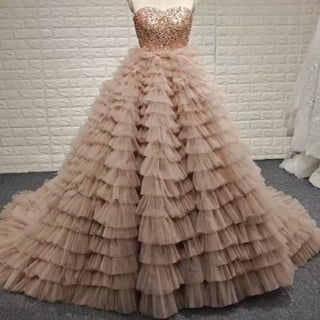 Multi-Layered Ruffled Tulle Princess Formal Dress with Shimmering Beaded Bodice