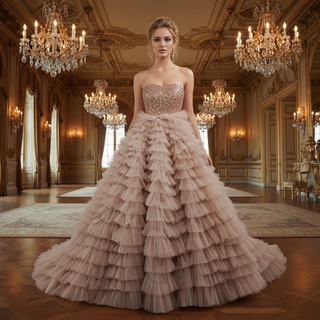 Multi-Layered Ruffled Tulle Princess Formal Dress with Shimmering Beaded Bodice