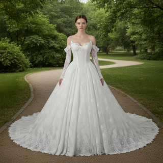 Victorian-Baroque Revival Off Shoulder Long Sleeves Wedding Dress with Basque Waist