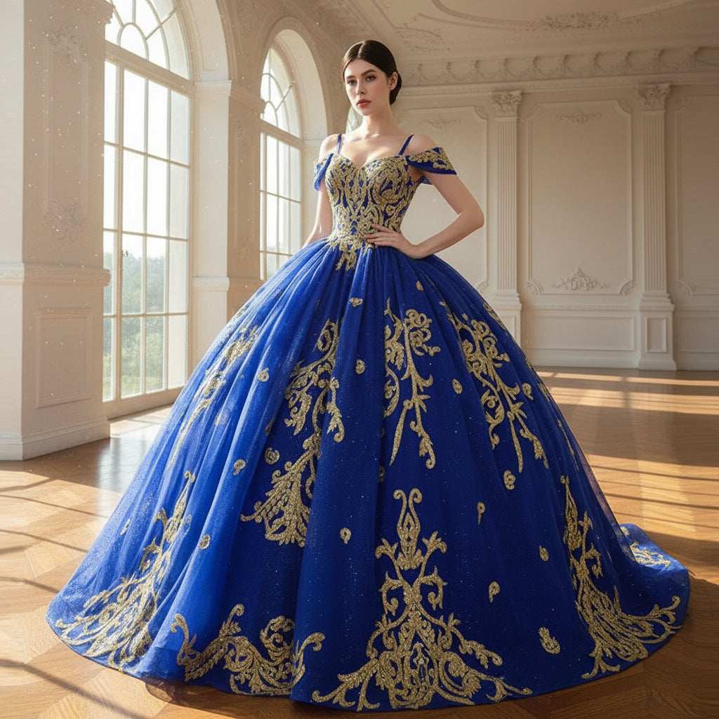 Royal Blue High-end Off the Shoulder Puffy Quinceanera Dress with Spaghetti Straps Royal Blue / 2 Royal Blue High-end Off the Shoulder Puffy Quinceanera Dress with Spaghetti Straps Royal Blue / 2