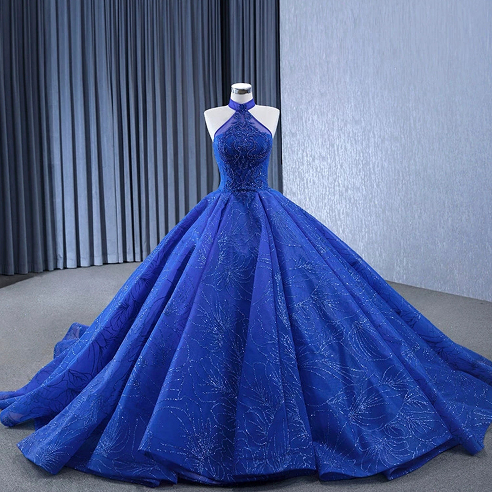 Royal Blue Beaded Lace Wedding Gown Halter Neck Quinceanera Dress Royal Blue / 22W Royal Blue Beaded Lace Wedding Gown Halter Neck Quinceanera Dress Royal Blue / 22W
