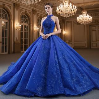 Royal Blue Beaded Lace Wedding Gown Halter Neck Quinceanera Dress