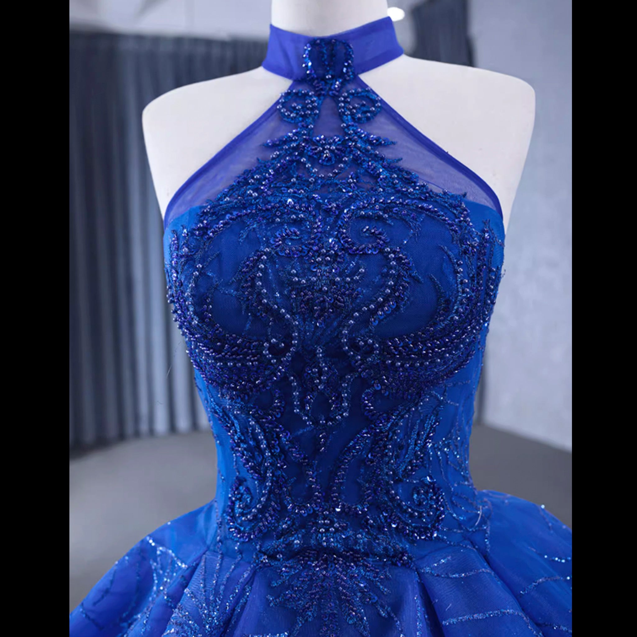 Royal Blue Beaded Lace Wedding Gown Halter Neck Quinceanera Dress Custom Colors / 12 Royal Blue Beaded Lace Wedding Gown Halter Neck Quinceanera Dress Custom Colors / 12