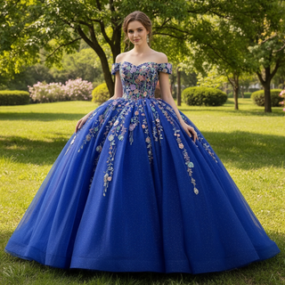 Royal Blue Color Lace Wedding Gown Off the Shoulder Quinceanera Dress