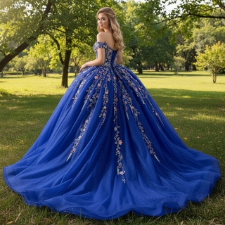 Royal Blue Color Lace Wedding Gown Off the Shoulder Quinceanera Dress