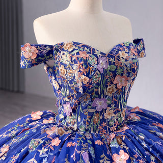 Royal Blue Color Lace Wedding Gown Off the Shoulder Quinceanera Dress