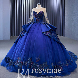 High-end Blue Ball Gown Ruffle Skirt Wedding Dress with Long Sleeve Blue / 2 High-end Blue Ball Gown Ruffle Skirt Wedding Dress with Long Sleeve Blue / 2