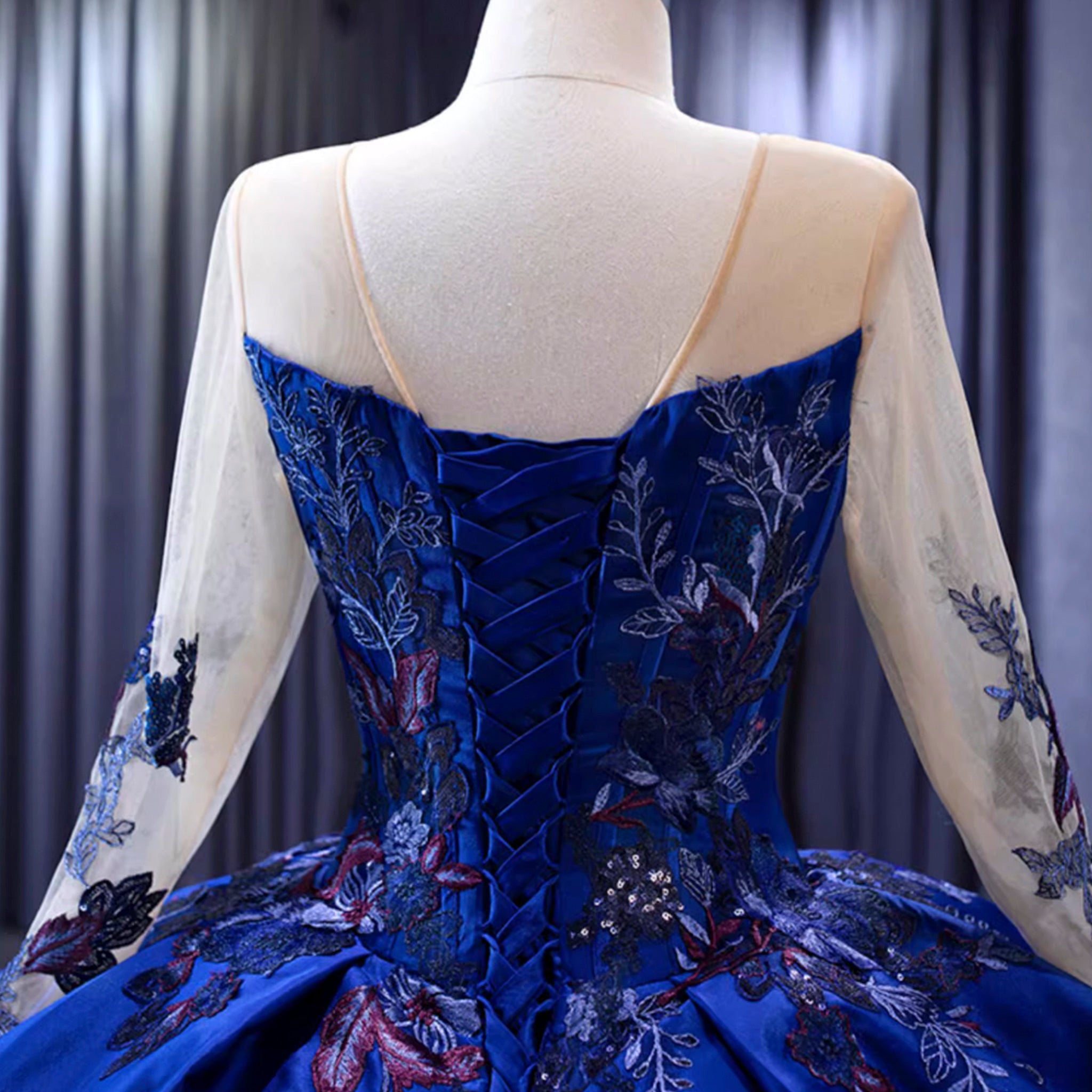 High-end Blue Ball Gown Ruffle Skirt Wedding Dress with Long Sleeve Blue / 2 High-end Blue Ball Gown Ruffle Skirt Wedding Dress with Long Sleeve Blue / 2