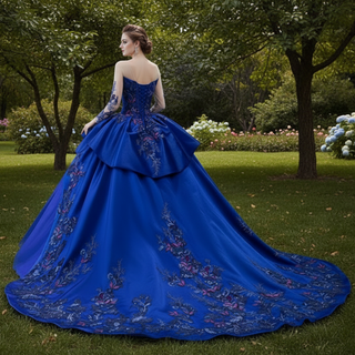 High-end Blue Ball Gown Ruffle Skirt Wedding Dress with Long Sleeve