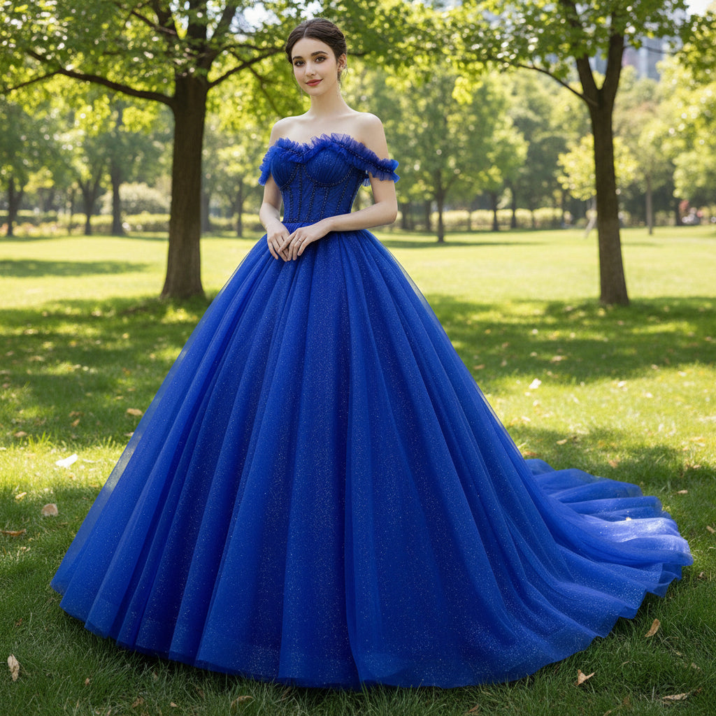Royal Blue Sparkly Tulle Wedding Gown Off the Shoulder Formal Dress Rosymae Royal Blue Sparkly Tulle Wedding Gown Off the Shoulder Formal Dress Rosymae